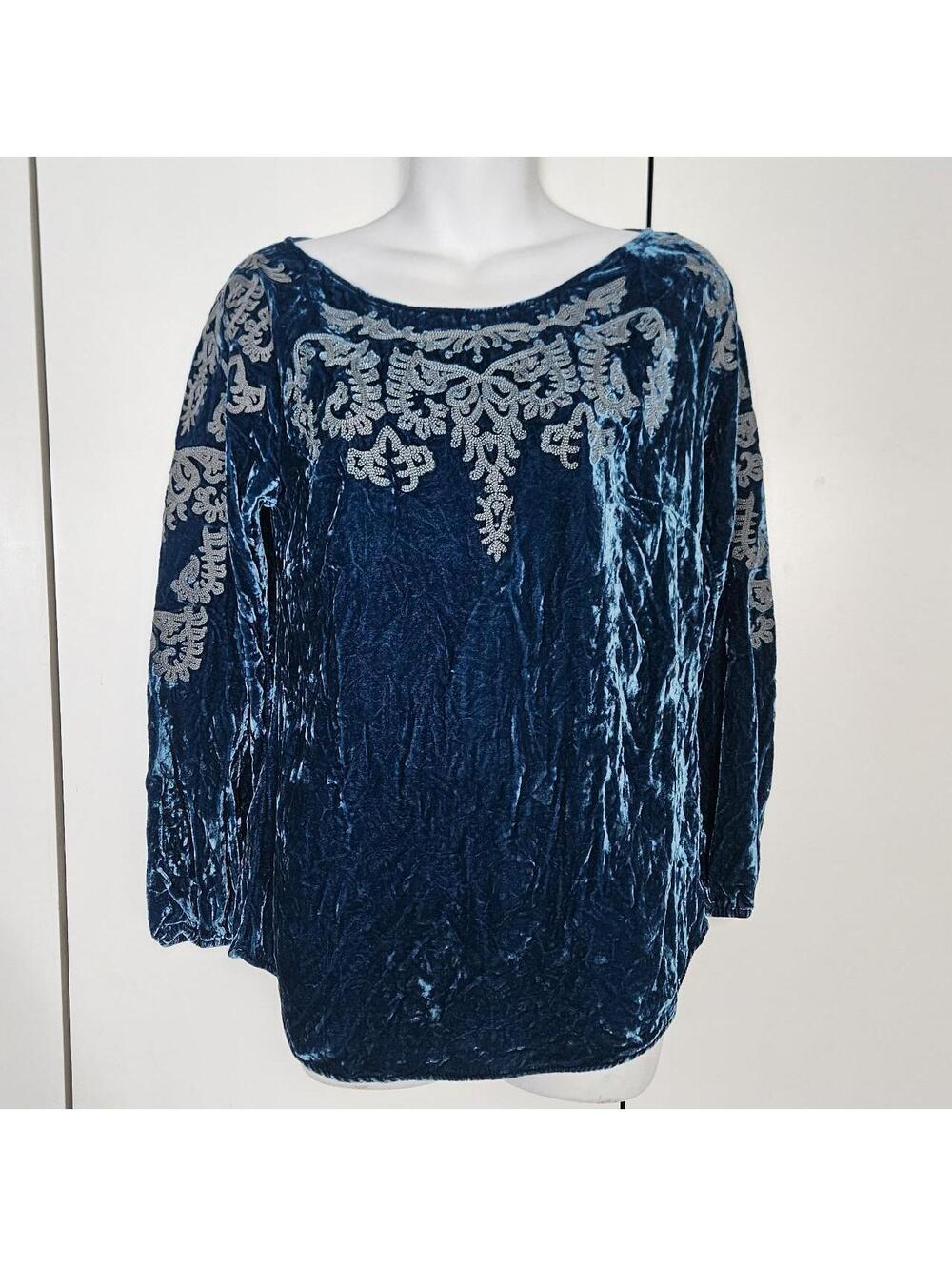 Sundance Embroidered Velvet Silk Rayon Blend 3/4 Sleeve top XS